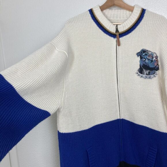 Akoo & Co Sweater Mens 4XL Blue cream Black Full Zip Knit Dog Patch Elbow Pads - Picture 1 of 16